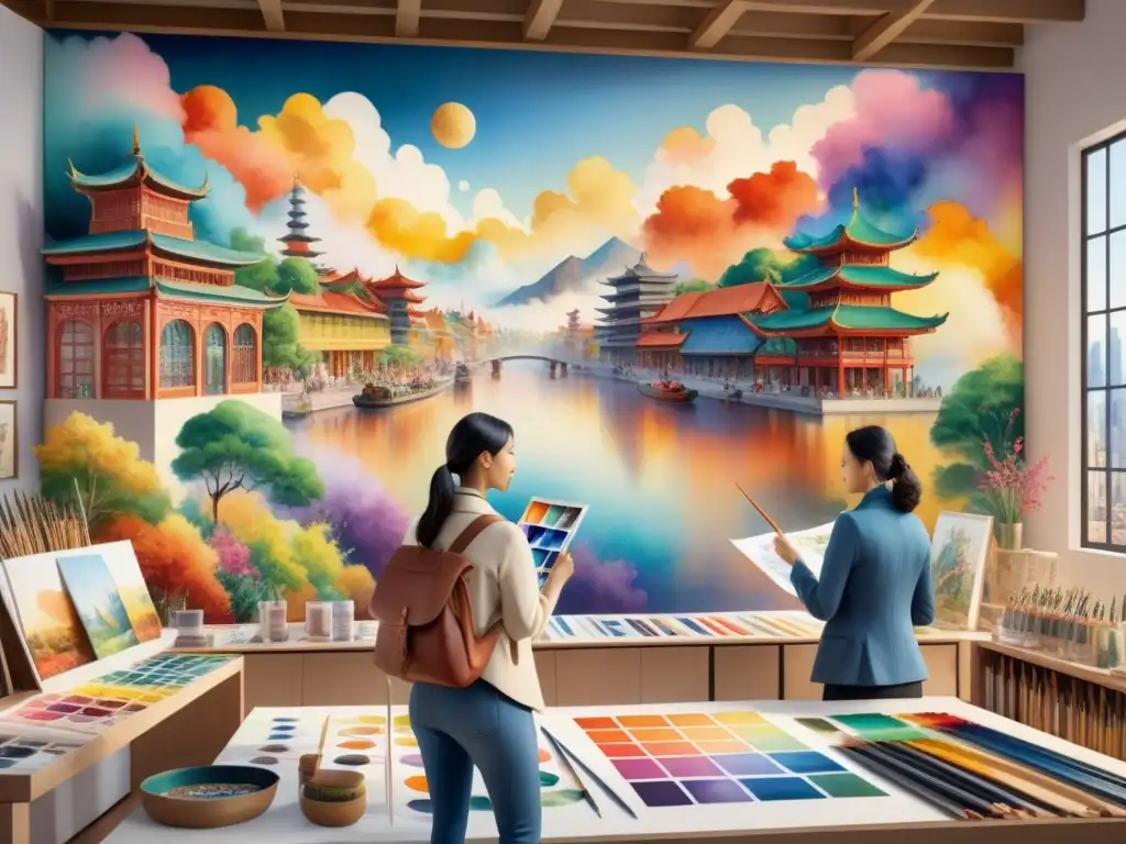 Colaboración artística global en acuarela Un vibrante mural colaborativo reflejando la intersección cultural en el arte postmodernista con artistas de diversas culturas