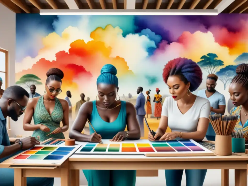 Colaboración artística en estudio de arte africano contemporáneo Un vibrante mural colaborativo en un estudio de arte africano contemporáneo