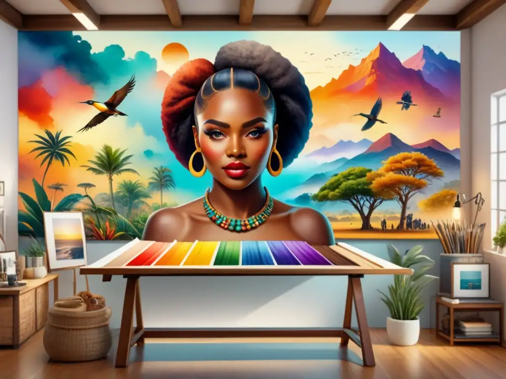 Un vibrante mural colaborativo de jóvenes artistas africanos, fusionando motivos tradicionales con estilos contemporáneos