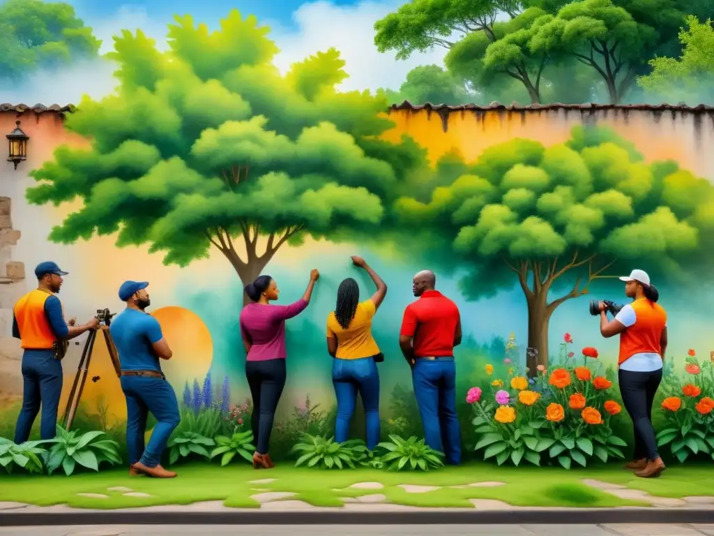 Un vibrante mural comunitario preserva la historia en un muro antiguo rodeado de exuberante naturaleza y flores coloridas