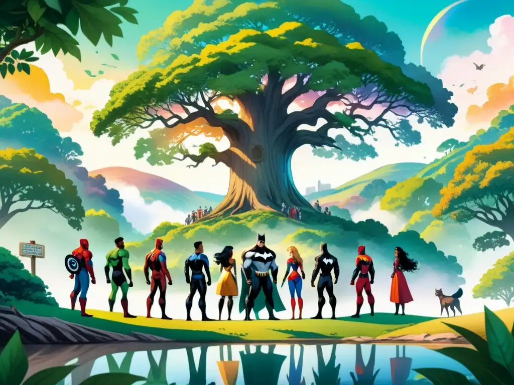 Un vibrante mural de cómics celebra la diversidad cultural entre personajes diversos en un paisaje tranquilo alrededor de un roble