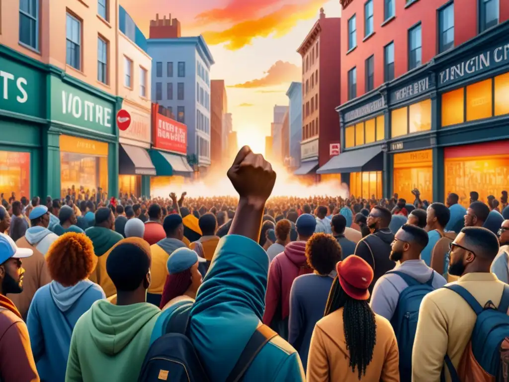 Un vibrante mural de la historia del arte urbano activismo en una calle de la ciudad al atardecer, lleno de mensajes poderosos y figuras diversas