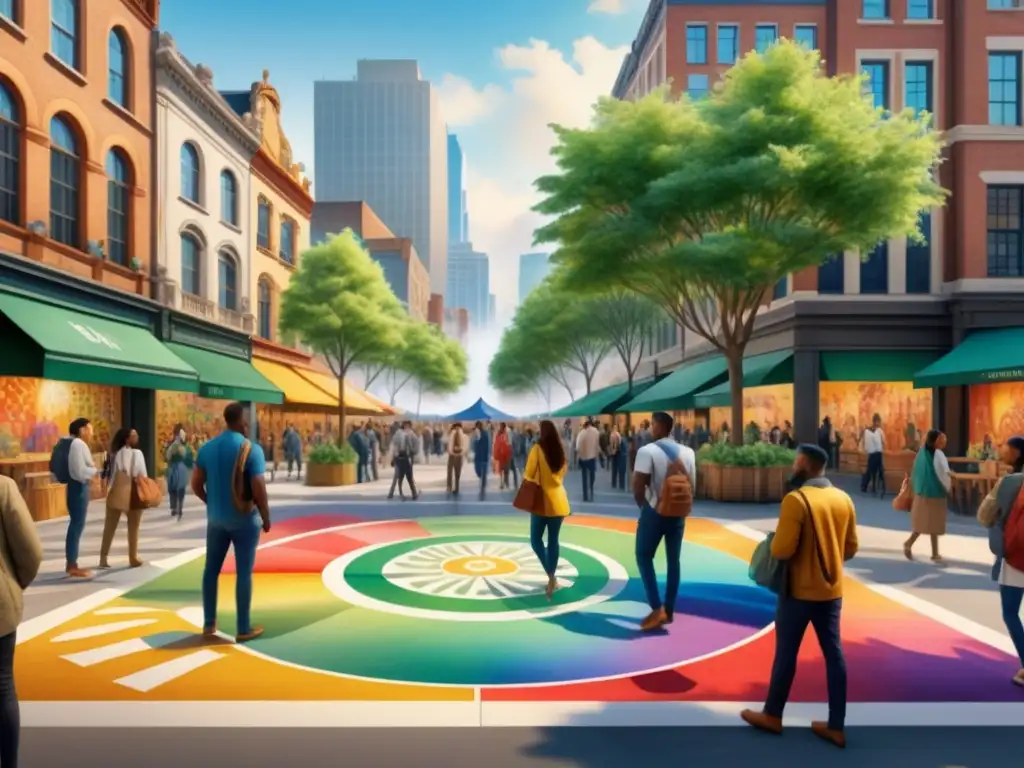 Un vibrante mural de mosaico en una plaza de la ciudad muestra la diversidad y la unión comunitaria