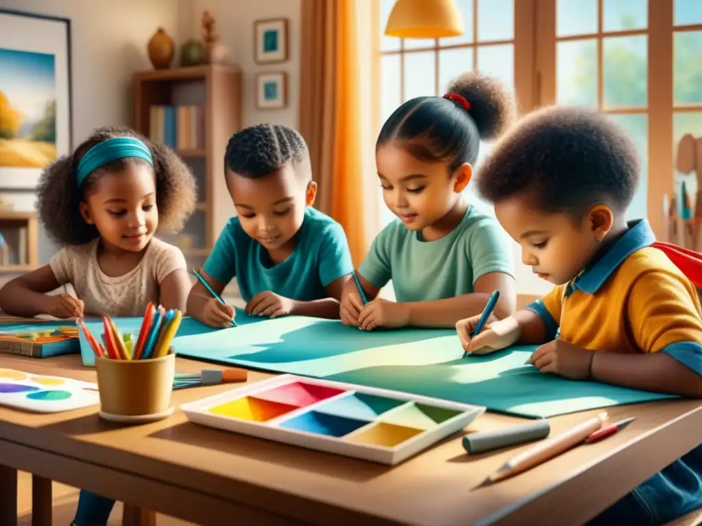 Un vibrante mural de niños de diversas etnias dibujando juntos, resaltando la importancia del dibujo infantil