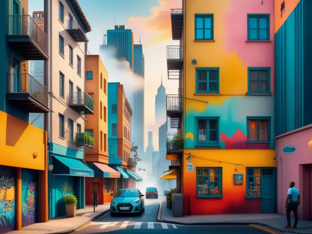 Un vibrante mural urbano que refleja la evolución del arte urbano con una explosión de colores y estilos creativos