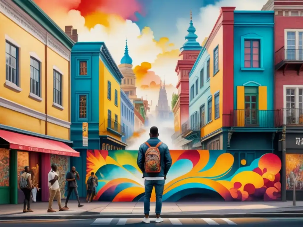 Un vibrante mural urbano que muestra la historia, técnica y cultura del arte urbano en una calle llena de coloridas obras de arte