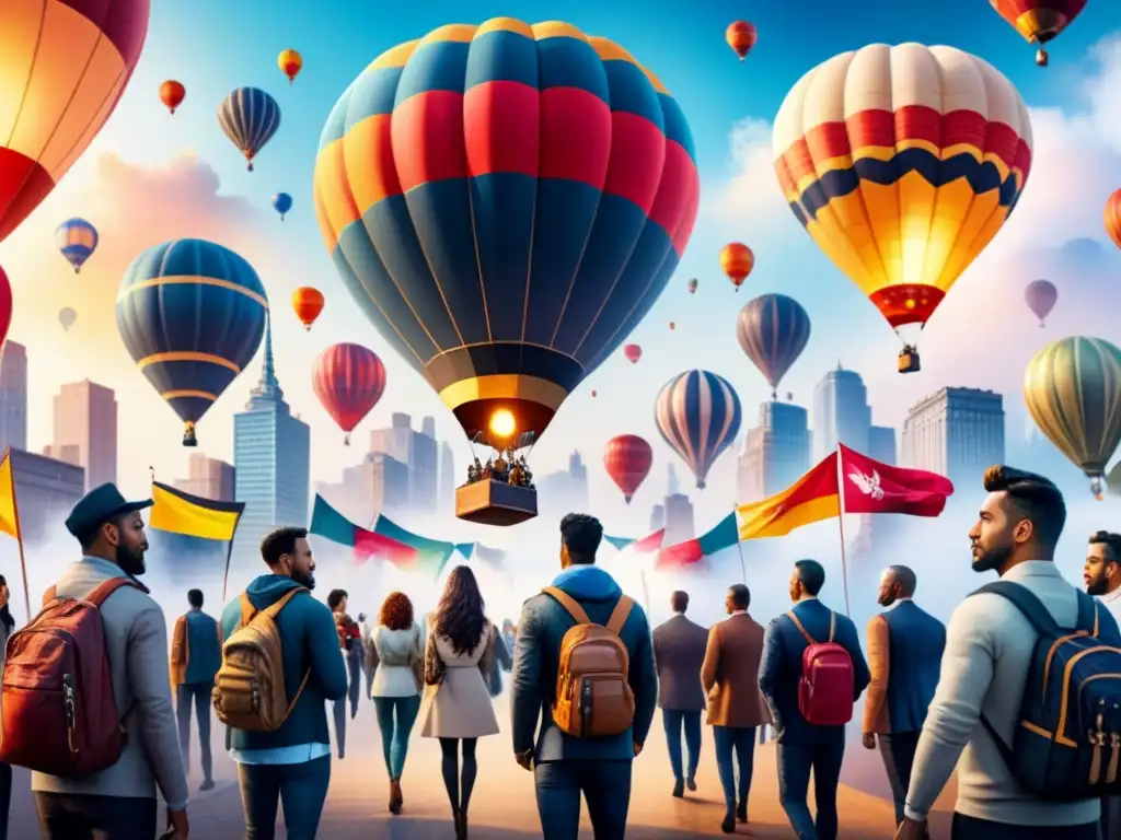 Acuarela vibrante de ciudad multicultural y globos coloridos Una vibrante obra de acuarela que retrata una ciudad bulliciosa con rascacielos de estilos arquitectónicos variados que se mezclan armoniosamente