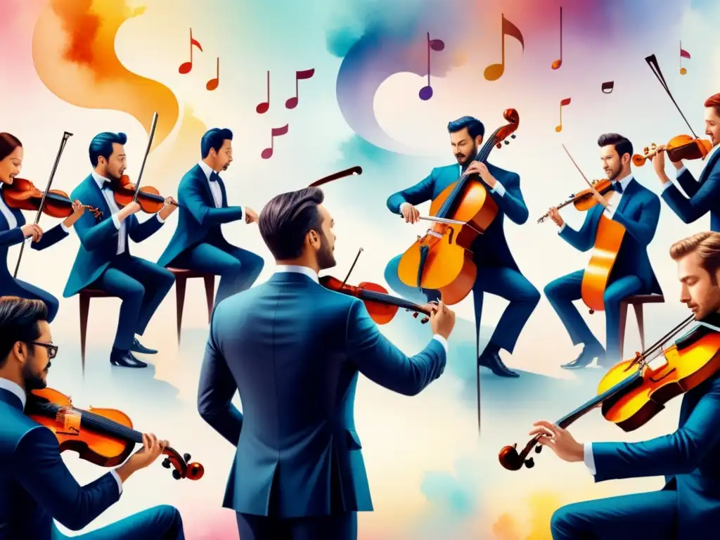 Orquesta sinfónica en acuarela: armonía y emoción Una ilustración acuarela vibrante muestra una orquesta en escena con notas musicales y emociones como alegría, serenidad y creatividad
