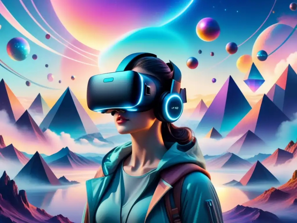 Una ilustración acuarela vibrante de un paisaje surrealista de realidad virtual, con colores etéreos y elementos oníricos