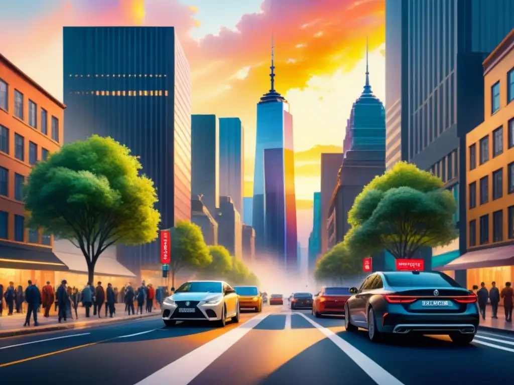 Acuarela vibrante de ciudad moderna al atardecer Un vibrante paisaje urbano en acuarela con técnicas de óleo, destacando rascacielos, calles concurridas y un atardecer colorido
