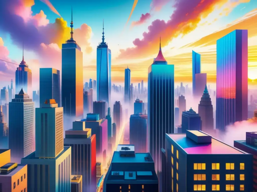 Cityscape pop art: vibrante y moderno Un vibrante paisaje urbano en acuarela con diseños Pop Art y narrativa postmodernista