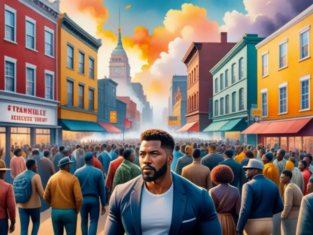 Un vibrante paisaje urbano en acuarela con murales de activismo y historia del arte urbano