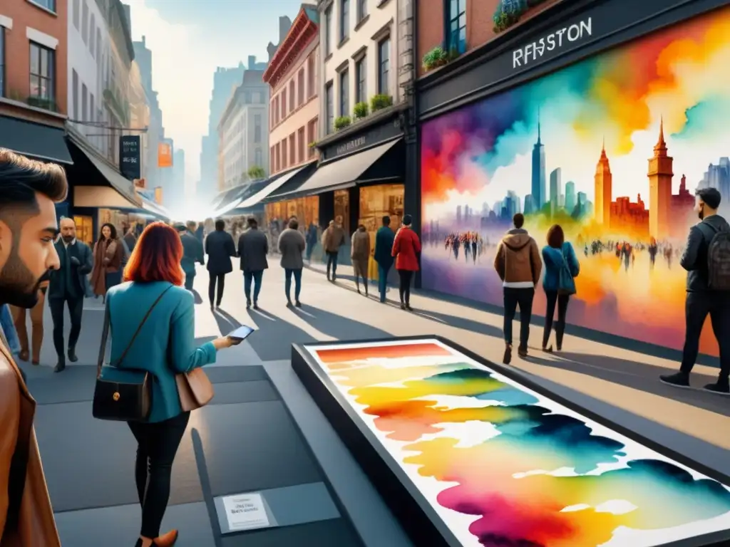 Arte urbano interactivo en ciudad vibrante Un vibrante paisaje urbano con arte interactivo y espectadores disfrutando de la obra