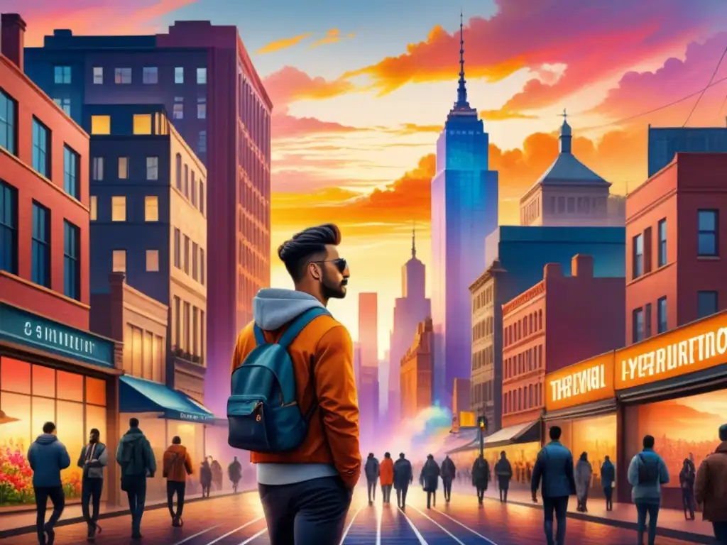 Cityscape vibrante al atardecer: arte urbano y diversidad en acción Un vibrante paisaje urbano al atardecer, con modernos rascacielos y edificios históricos