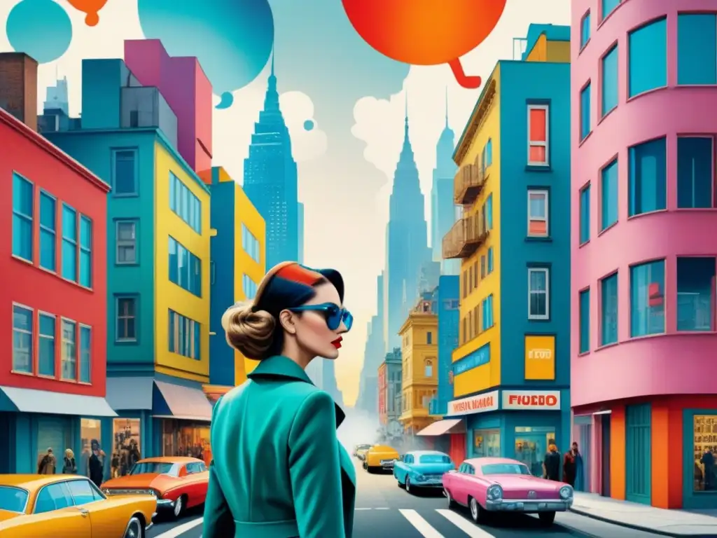 Paisaje urbano pop-art y postmodernista Un vibrante paisaje urbano que fusiona elementos del Pop Art y narrativa postmodernista en acuarela detallada