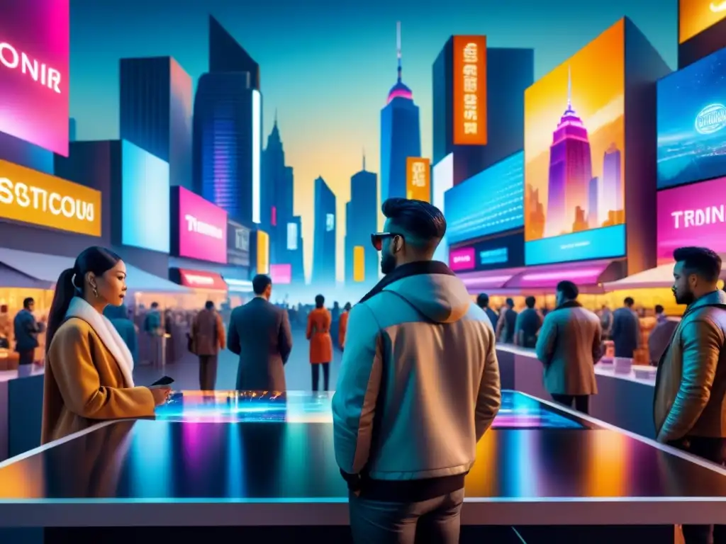 Un vibrante paisaje urbano futurista con artistas contemporáneos creando arte digital en un mercado de innovación