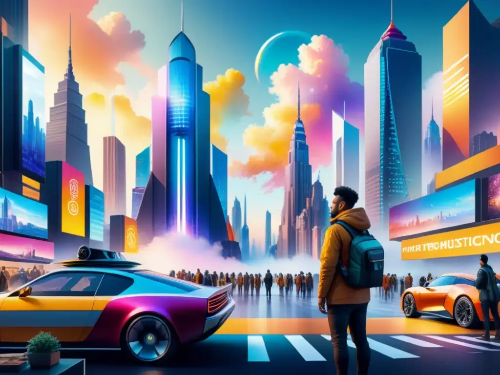 Un vibrante paisaje urbano futurista con artistas digitales creando obras arte digital, reflejando creatividad y colaboración