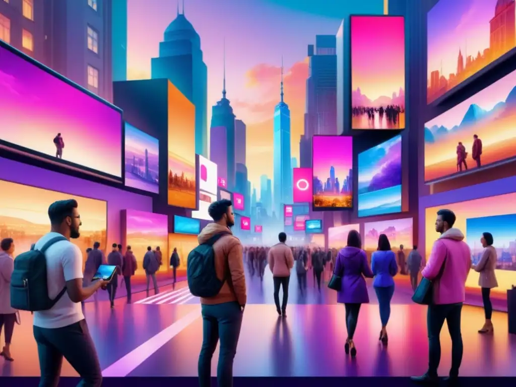 Un vibrante paisaje urbano futurista mezcla arte y tecnología al atardecer, con la palabra clave 'Arte digital en la era digital'