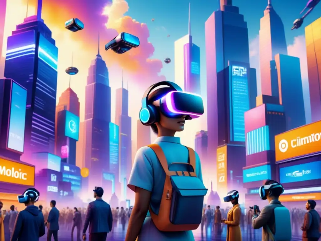 Cityscape futurista: interacción en realidad virtual y hologramas Un vibrante paisaje urbano futurista donde personajes animados interactúan con pantallas holográficas en Realidad Virtual en Animación
