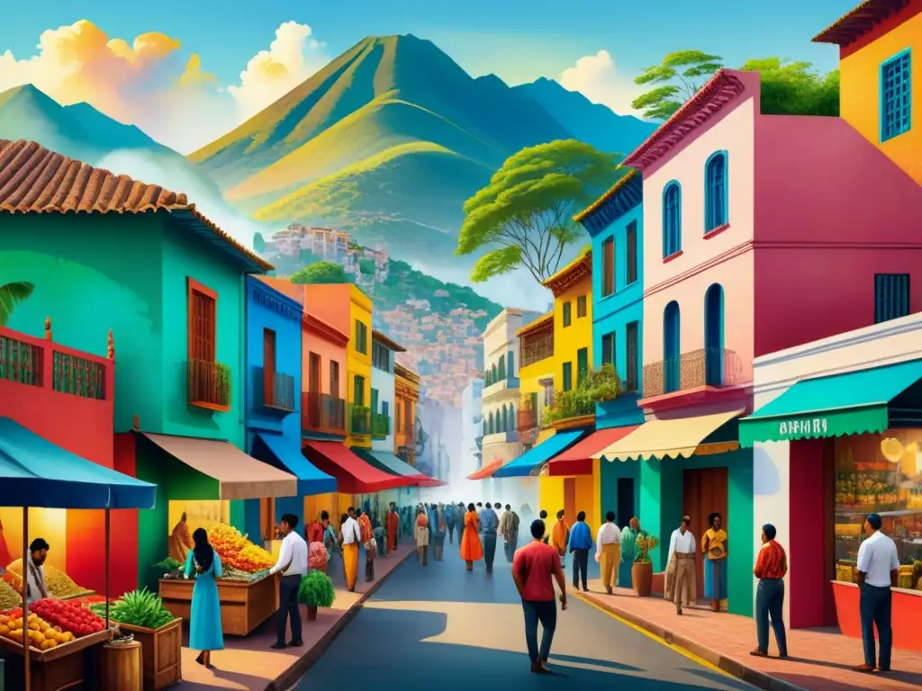 Un vibrante paisaje urbano latinoamericano con edificios coloridos, vendedores callejeros y murales, fusionando tradición y postmodernismo