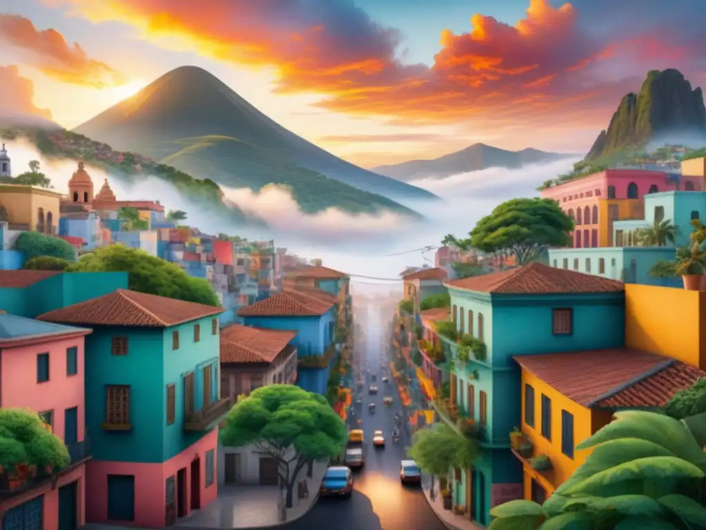Un vibrante paisaje urbano latinoamericano en acuarela con artistas contemporáneos creando arte político