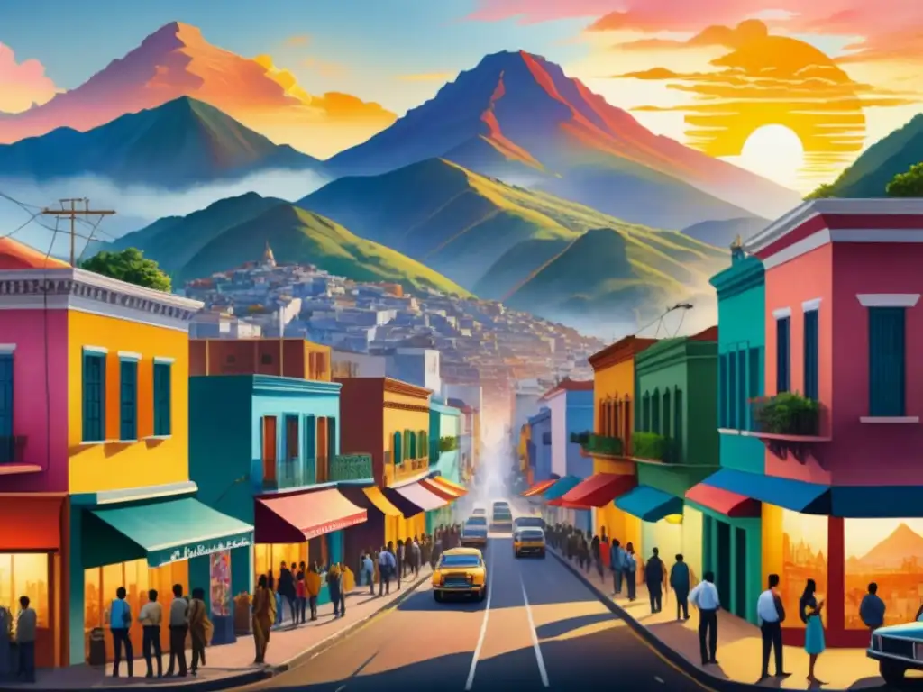 Un vibrante paisaje urbano latinoamericano con murales políticos coloridos, reflejando la influencia del arte contemporáneo en la región