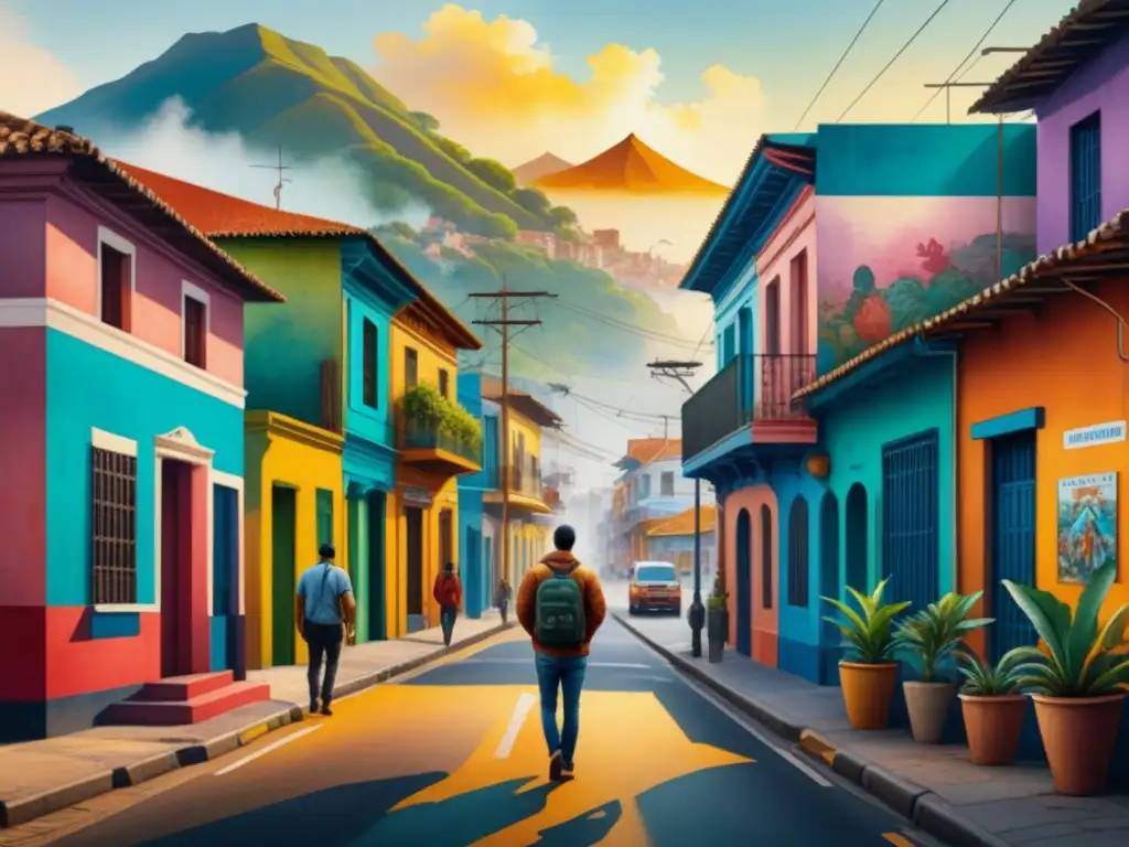 Vibrante paisaje urbano latinoamericano con influencia política y arte contemporáneo