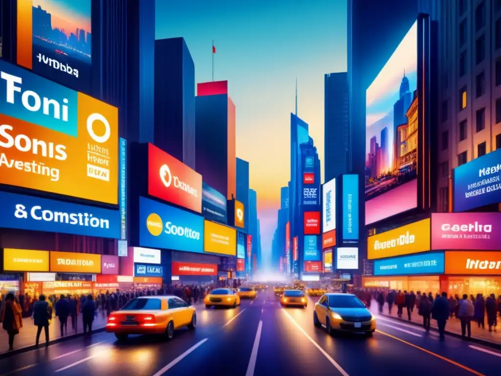 Cityscape nocturno con vibrantes pantallas de marketing digital Un vibrante paisaje urbano nocturno en acuarela con gráficos en movimiento para marketing digital