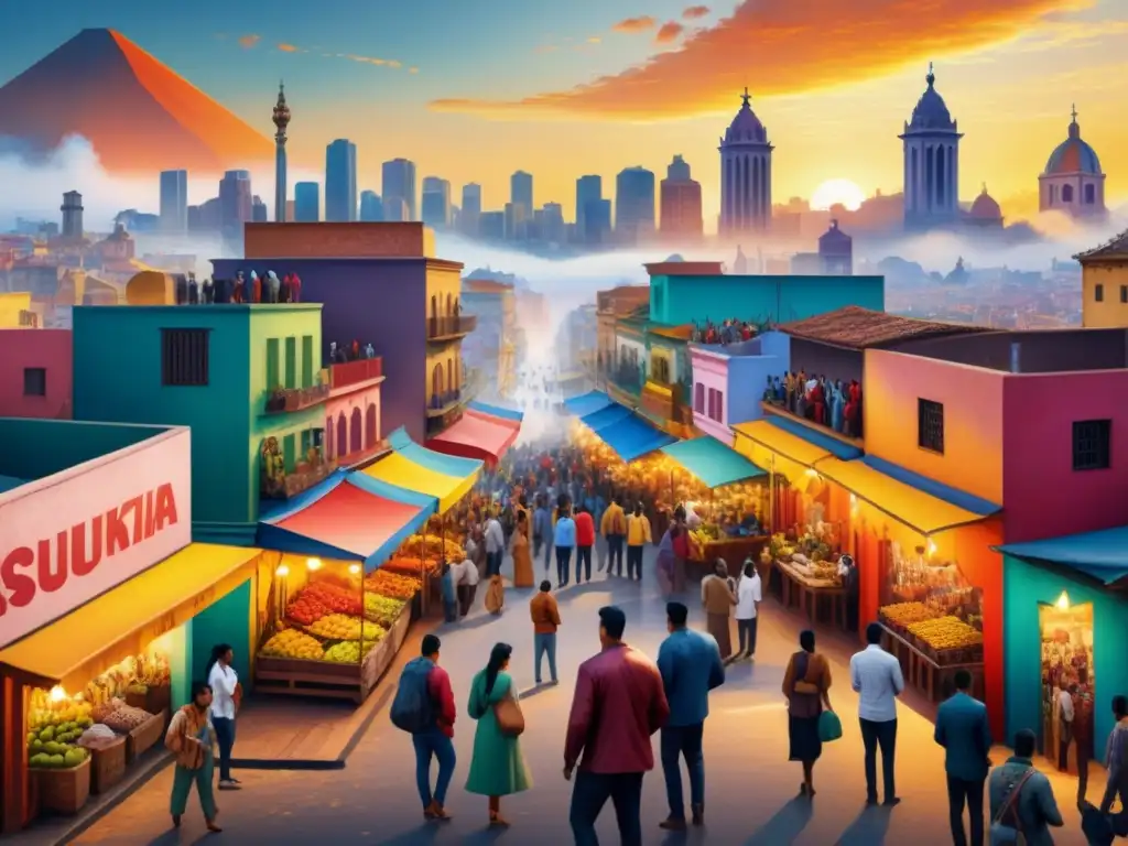 Un vibrante panorama urbano de América Latina, con arte callejero colorido y artistas creando murales de unidad y resistencia al atardecer