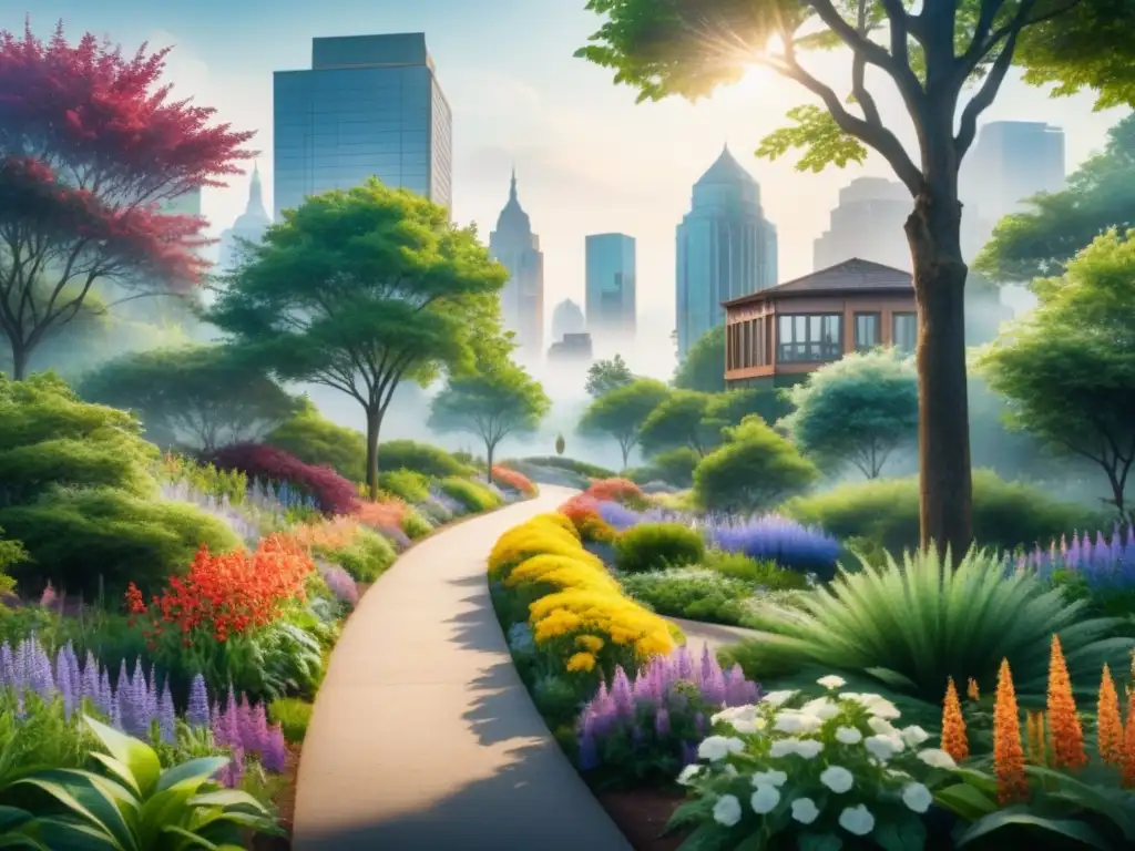 Un vibrante parque urbano en acuarela con vegetación diversa y flores silvestres