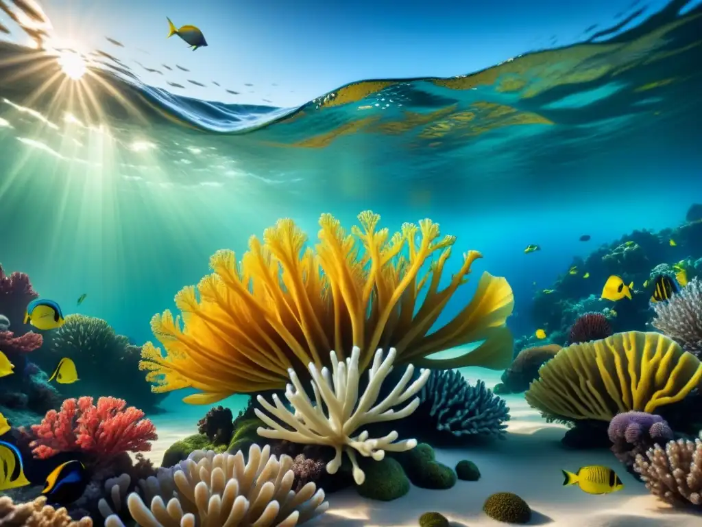 Una vibrante pintura acuarela de un arrecife de coral repleto de peces y plantas marinas, capturando la textura y movimiento del océano de forma realista y artística con técnicas de arte digital