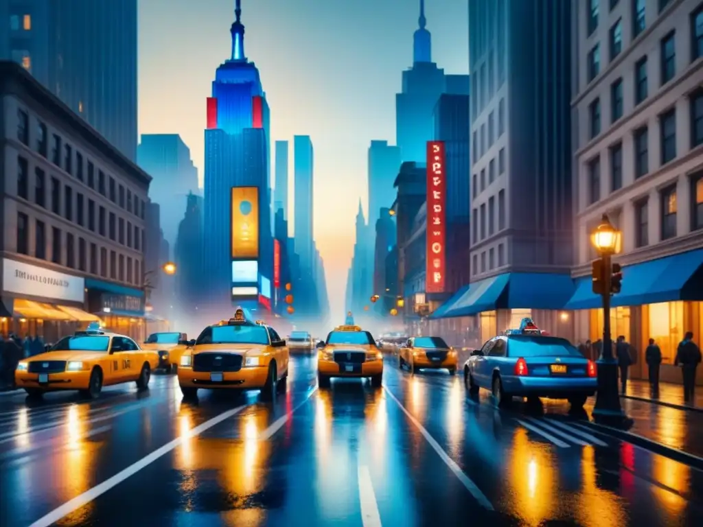 Vibrante pintura acuarela de Nueva York al atardecer con rascacielos iluminados por luces de la ciudad en una calle lluviosa