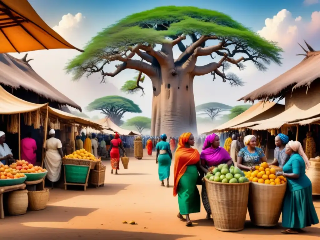 Una vibrante pintura acuarela de un bullicioso mercado africano, lleno de actividad y colores, celebrando el arte africano temáticas folclóricas