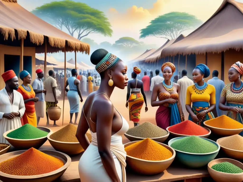 Una vibrante pintura de acuarela que muestra un bullicioso mercado en África, con arte tradicional y colores intensos