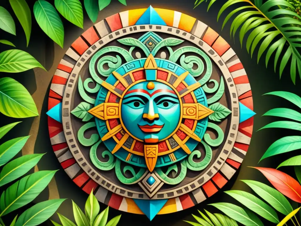 Una vibrante pintura acuarela del calendario Azteca rodeado de exuberante vegetación tropical