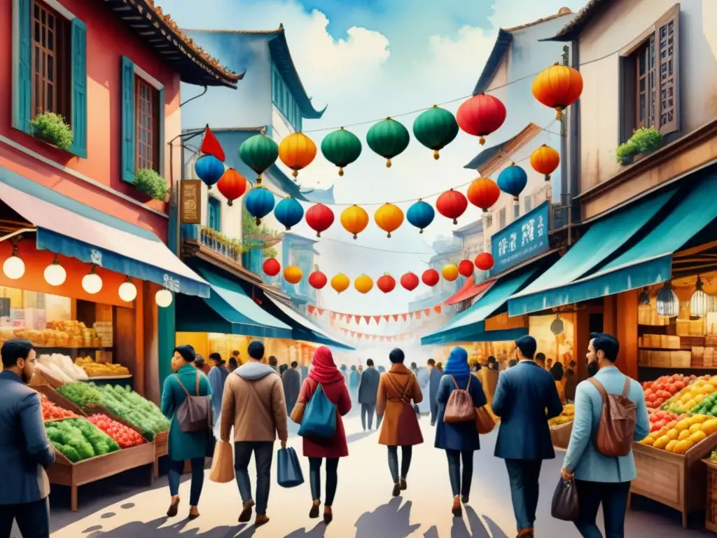 Vibrante escena urbana multicultural en acuarela detallada Una vibrante pintura acuarela que muestra una calle bulliciosa llena de personas de diferentes culturas, disfrutando de actividades variadas