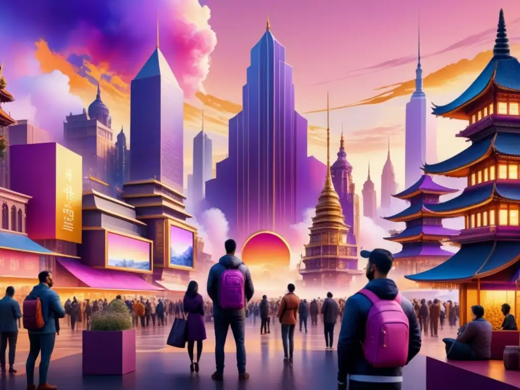 'Vibrante pintura acuarela de una ciudad futurista donde arte digital y arquitectura se fusionan al atardecer