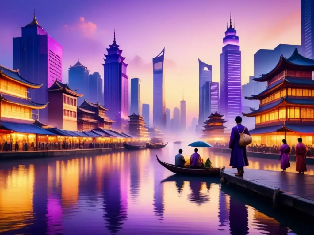 Vibrante pintura acuarela de una ciudad asiática al atardecer, con rascacielos iluminados por un suave resplandor dorado y un río sereno