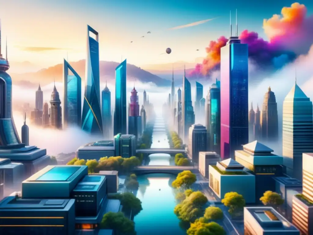 Vibrante pintura acuarela de ciudad futurista, fusionando arte y naturaleza