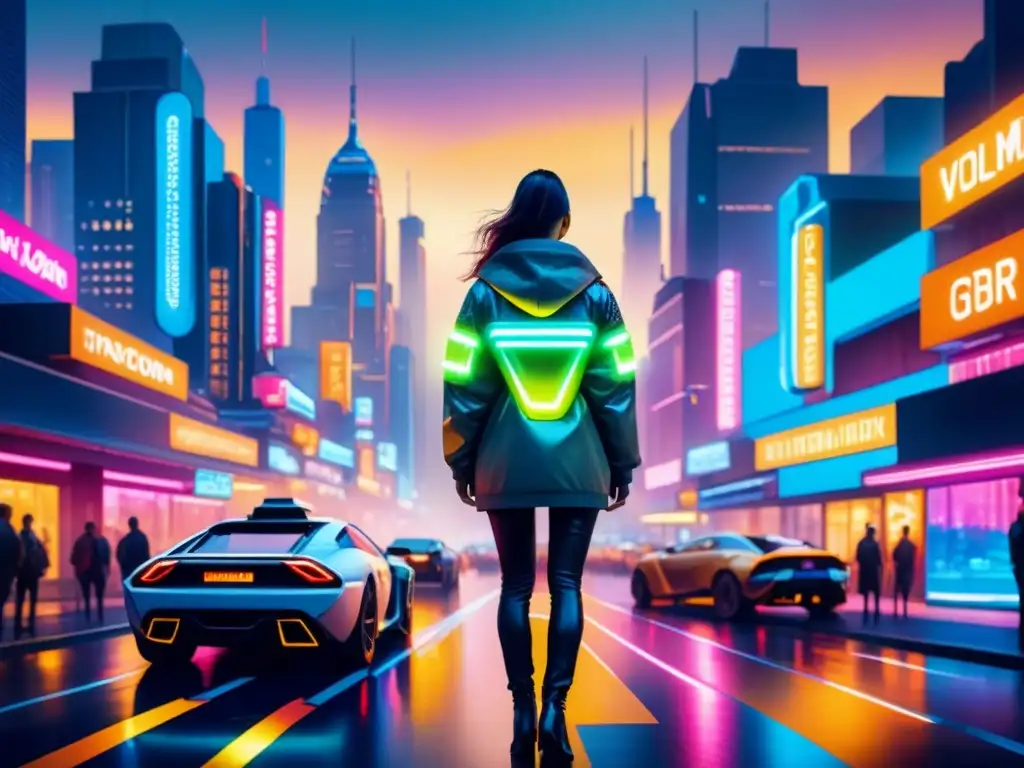 Vibrante pintura acuarela de ciudad futurista de noche, con luces neón