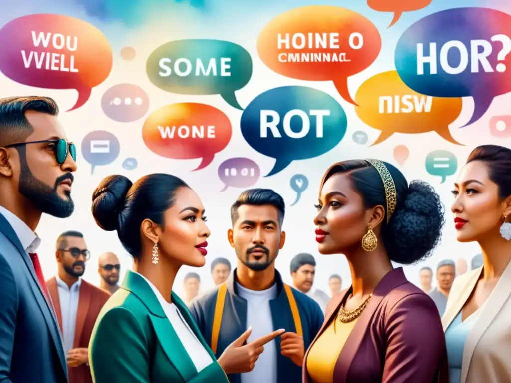 Conversación multicultural: arte que trasciende idiomas Una vibrante pintura acuarela detallada de personas diversas conversando en distintos idiomas, simbolizando la unión a través del arte visual superación barreras lingüísticas