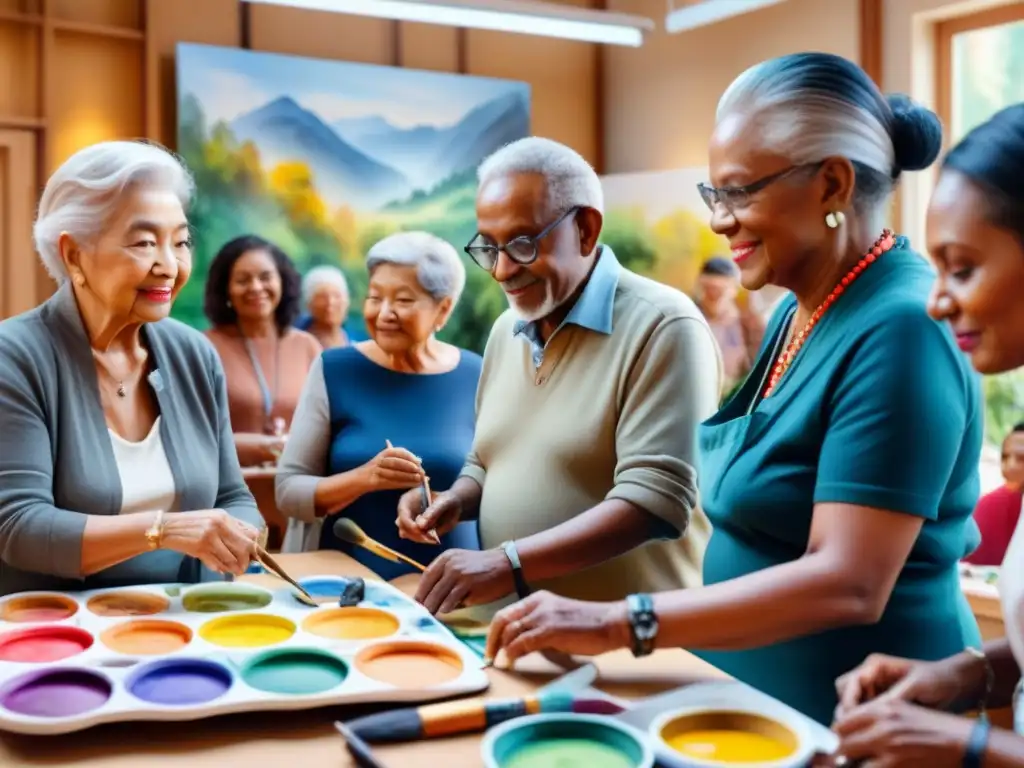 Una vibrante pintura en acuarela muestra un grupo diverso colaborando en un taller de arte comunitario intergeneracional