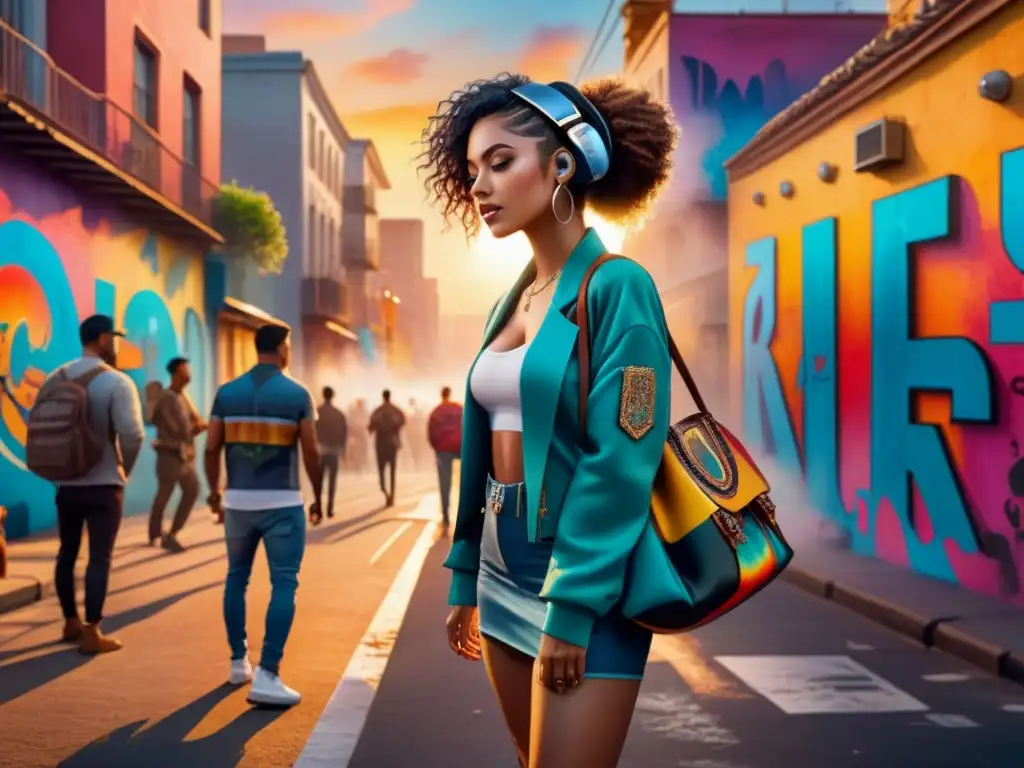Una vibrante pintura en acuarela que retrata a jóvenes latinos participando en diversas formas de arte contemporáneo en la ciudad al atardecer