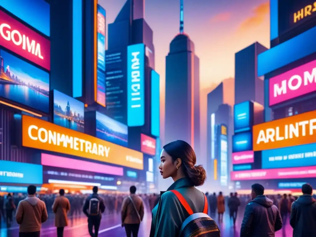 Vibrante pintura acuarela de una metrópolis nocturna, reflejando arte contemporáneo sociedad digital con neones y hologramas