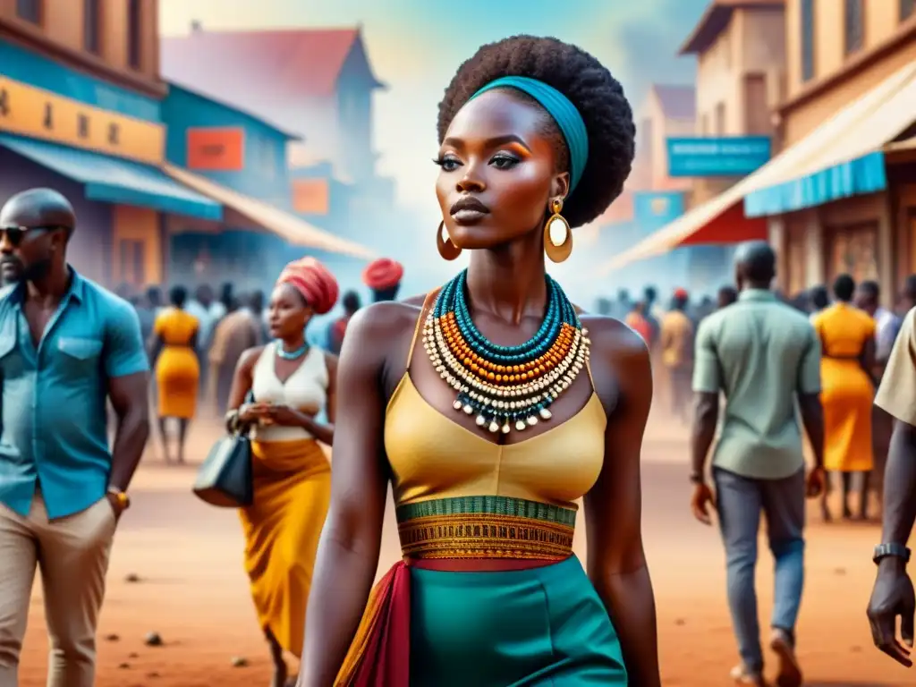 Una vibrante pintura acuarela detallada en 8k que muestra fotógrafos africanos capturando la esencia de la vida cotidiana en un bullicioso mercado