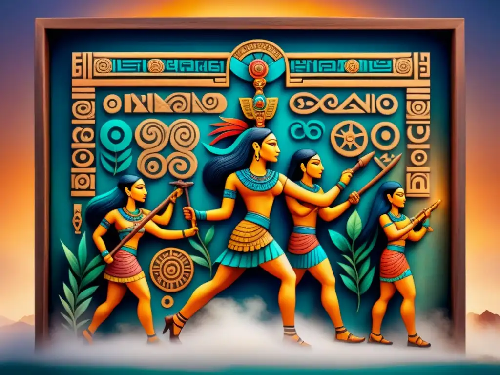 Vibrante pintura acuarela de panel jeroglífico maya, reflejando el origen y evolución arte precolombino