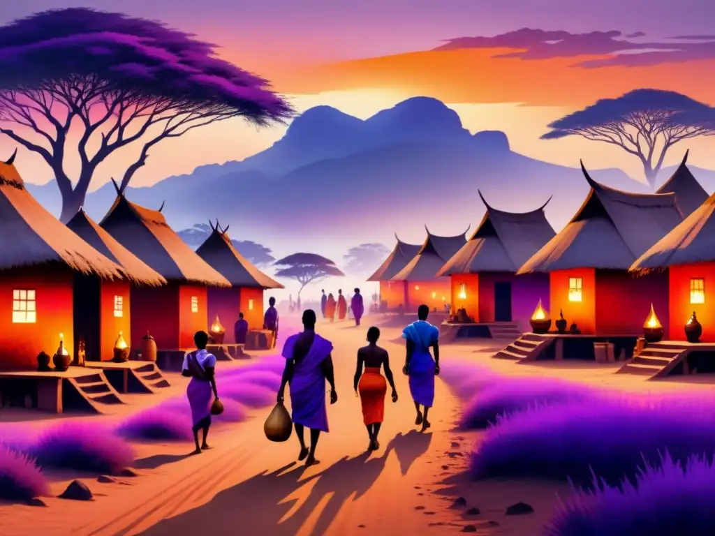 Vibrante pintura de un pueblo africano al atardecer, destacando el contraste entre luz y sombra, un elemento narrativo clave en el arte africano