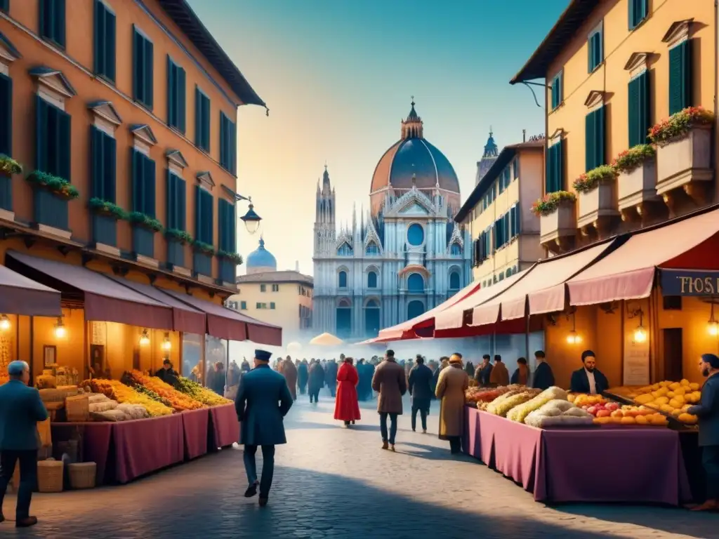 Vibrante plaza en ciudad estado italiano, mezcla de estilos Renacimiento y Gótico