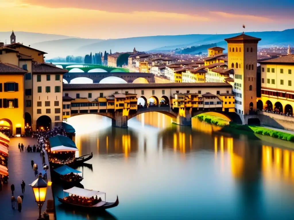 Vibrante ilustración acuarela del Puente Vecchio en Florencia, Italia, reflejando un viaje renacentista en Florencia