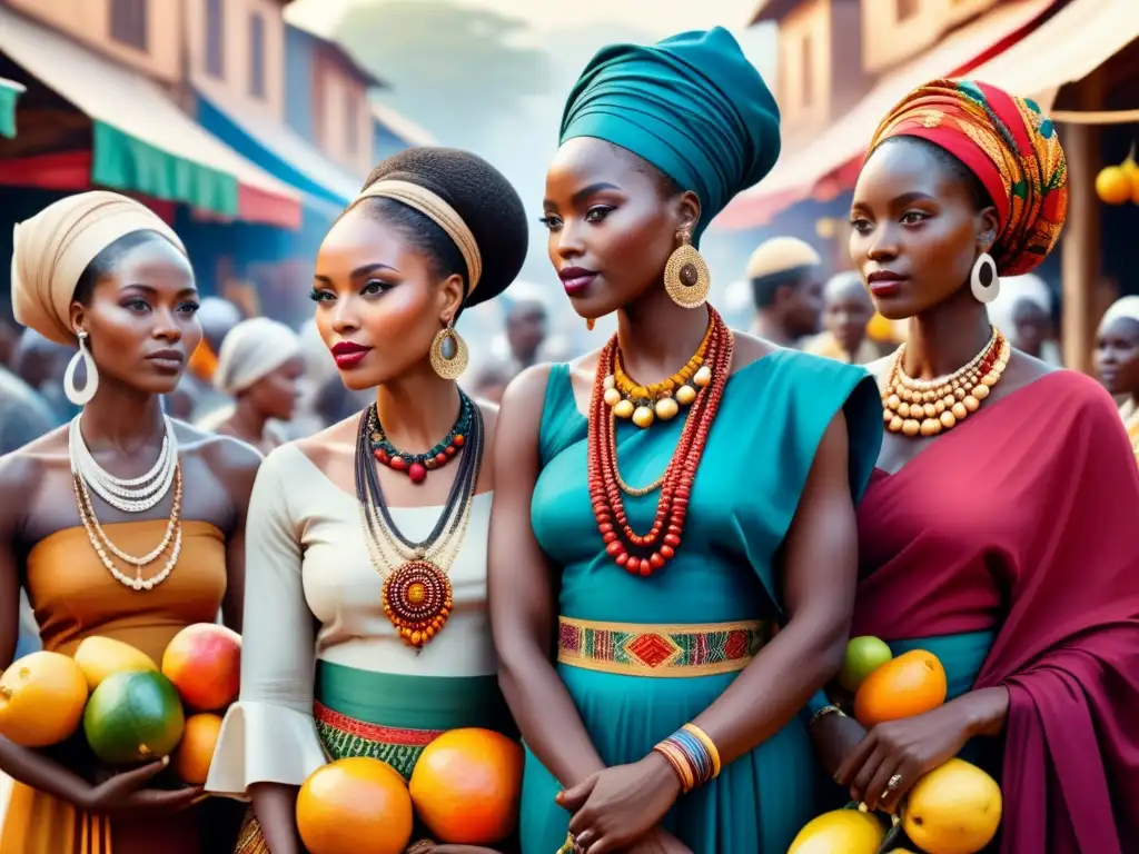 Un vibrante retrato de mujeres africanas en arte contemporáneo, mostrando esperanza y fortaleza en un mercado colorido